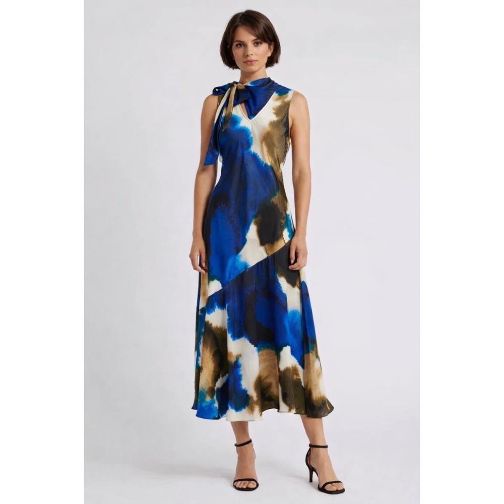 DKNY Women's Printed V-Neck  Maxi Dress (Exploded Ink Swirl, Medium)